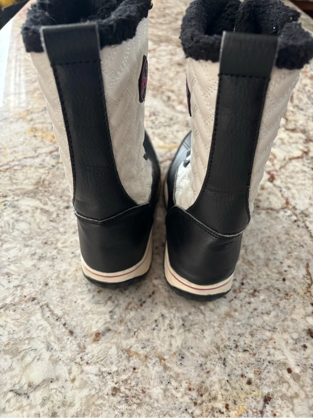 Totes (Makenzie) Black and White Kids Snow Boots with Faux Fur Cuff